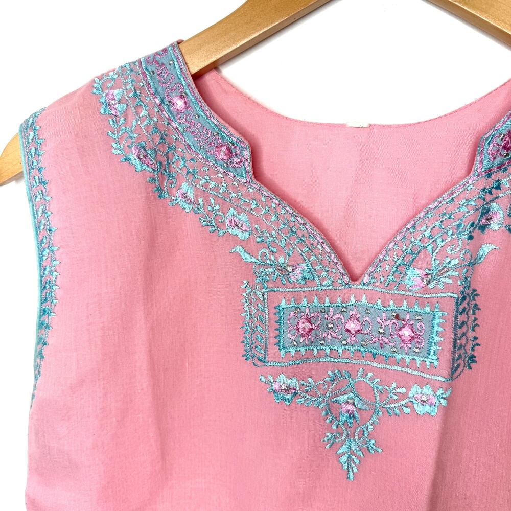 Indian Embroidered Sleeveless Kurta Dress In Pink Blue Size Medium - Picture 4 of 14